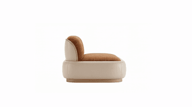 A contemporary two-seater loveseat featuring a distinct two-tone upholstery design. The seating surface and backrests are upholstered in a textured terracotta or rust-colored fabric, while the base and outer shell are covered in a smooth, light beige or cream-colored material, likely leatherette or a fine-grain leather. The design is characterized by rounded edges and a low profile, with the main body resting on a subtle wooden plinth base. Two spherical cushions, one in brown leather and one in a light woven fabric, are placed on the seat. — 3D model
