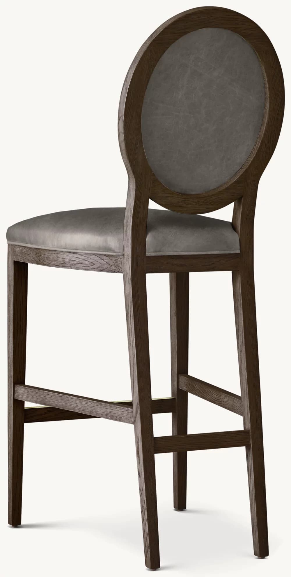 An upholstered bar stool with a dark wood frame and grey faux leather upholstery, featuring a distinctive oval-shaped backrest. — 3D model
