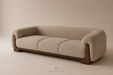 A modern three-seater sofa featuring a light beige, textured boucle upholstery. The sofa has a distinctive sculpted dark wood base that curves upwards to frame the lower part of the rounded armrests. The armrests flow seamlessly into the backrest, creating a soft, cohesive silhouette. The seat is composed of three defined cushions. — 3D model