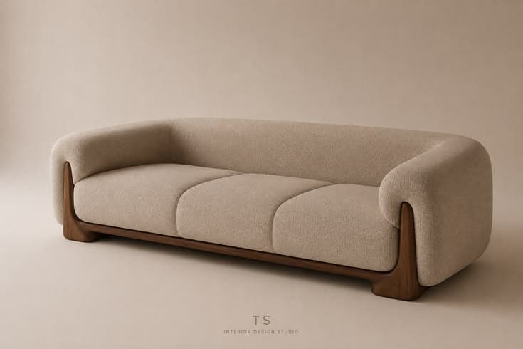 A modern three-seater sofa featuring a light beige, textured boucle upholstery. The sofa has a distinctive sculpted dark wood base that curves upwards to frame the lower part of the rounded armrests. The armrests flow seamlessly into the backrest, creating a soft, cohesive silhouette. The seat is composed of three defined cushions. — 3D model