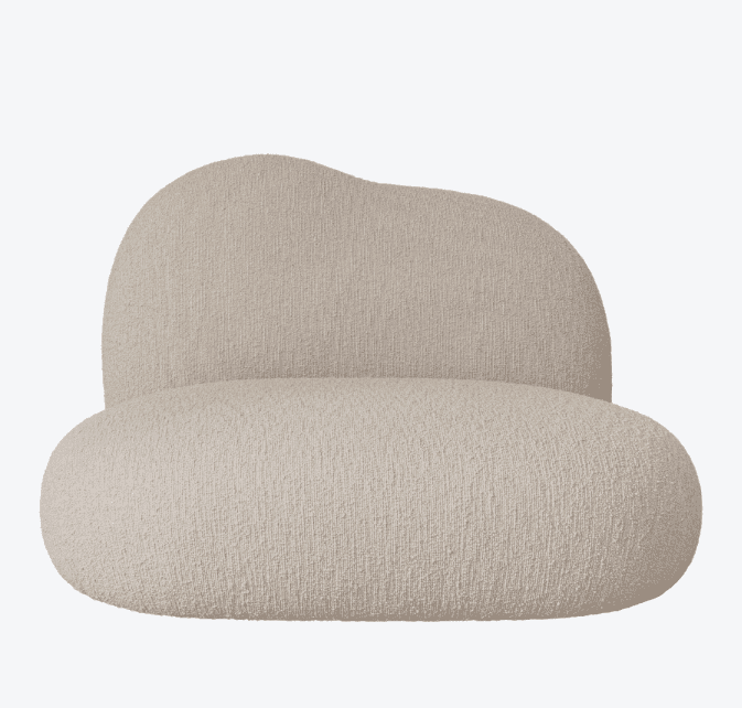 A single armchair with a rounded, organic shape. The backrest is curved and tapers slightly towards the top, while the seat is broad and bulbous. The armchair is upholstered in a textured fabric. — 3D model