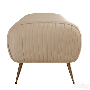 A long, low bench with a rounded, upholstered top and four slender, tapered legs. The upholstery features a ribbed or channel-tufted pattern running horizontally along the length and vertically at the rounded ends. The legs are thin and angled outwards, finished in a metallic tone. — 3D model