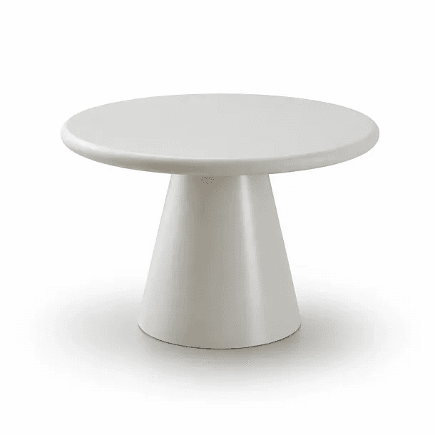 A white, round coffee table with a minimalist design, featuring a smooth circular top supported by a single, tapering conical pedestal base. — 3D model