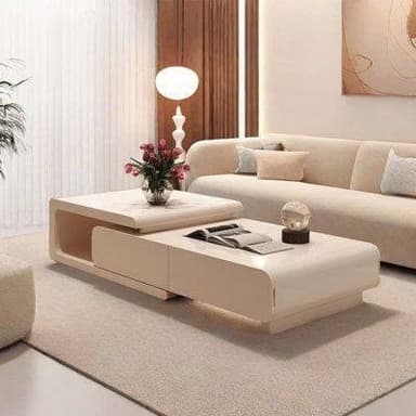 A minimalist, low-profile extendable coffee table featuring a rectangular form with softened, rounded edges. The top section slides horizontally, revealing a secondary surface and extending the overall length. It is finished in a uniform light beige, suggesting a lacquered or matte painted wood composite material. — 3D model