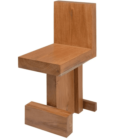 A blocky, armless chair constructed from solid wood, likely teak, featuring a minimalist and geometric design. The chair has a thick, rectangular seat and an upright, rectangular backrest, both seamlessly integrated. The base is formed by substantial, interlocking wooden blocks, giving the piece a monolithic and sculptural appearance. The wood displays a warm, medium brown color with prominent natural grain. — 3D model