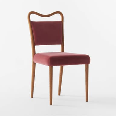 A contemporary dining chair with a curved wooden frame supporting upholstered seat and backrest. The chair has four tapered wooden legs. The upholstery appears to be a velvet fabric in a muted red or burgundy hue. — 3D model