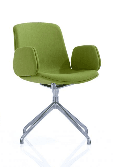 A modern armchair with a vibrant lime green upholstered seat, backrest, and armrests. The chair features a swivel base with four metallic legs, providing stability and mobility. The design is contemporary, with clean lines and a rounded silhouette for the seating area and armrests. — 3D model