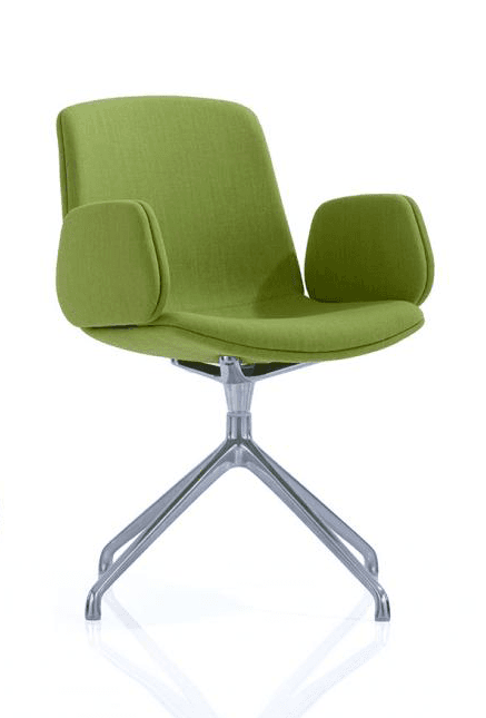 A modern armchair with a vibrant lime green upholstered seat, backrest, and armrests. The chair features a swivel base with four metallic legs, providing stability and mobility. The design is contemporary, with clean lines and a rounded silhouette for the seating area and armrests. — 3D model