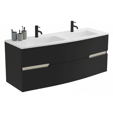A modern wall-mounted double bathroom vanity featuring a matte black cabinet, two integrated white ceramic sinks, and two matte black single-handle faucets. The cabinet has two drawers with recessed gold-finished pull handles. The overall design is minimalist and contemporary. — 3D model