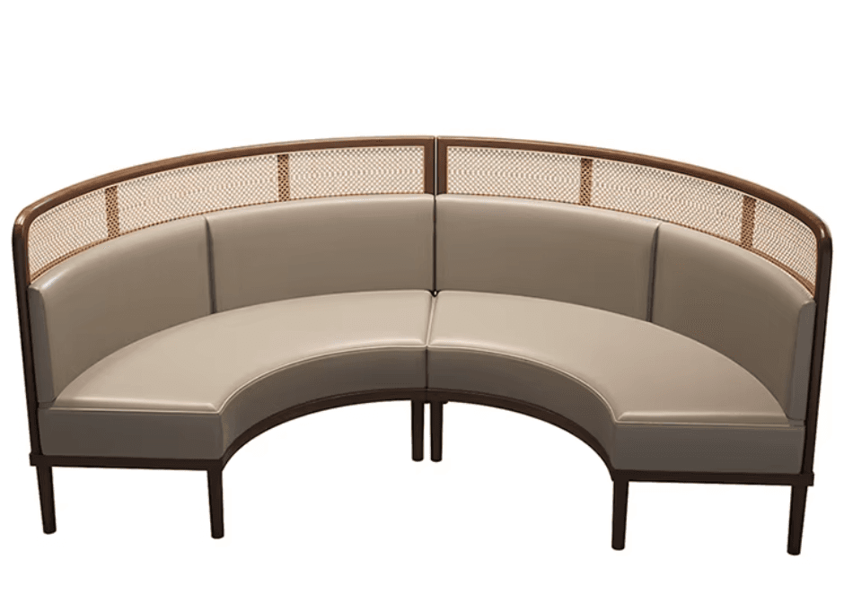 A curved banquette seating unit composed of two segments, featuring a dark wood frame with a woven cane backrest and light beige upholstered seats. The frame forms a continuous, gentle curve, and the legs are simple, tapered posts. The cane back provides a semi-transparent, textural element, contrasting with the smooth, padded upholstery. — 3D model