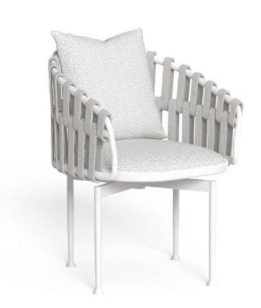 A modern accent armchair featuring a white metal frame, light grey woven fabric straps forming the back and arms, and matching upholstered seat and back cushions. — 3D model