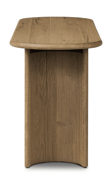 A long, narrow console table with an organically shaped, slightly rounded rectangular top. The table has two thick, solid legs that are columnar and cylindrical in form, with the front face of each leg being flat and extending down to the floor with a subtle curve. The wood grain is pronounced, suggesting a natural, possibly reclaimed wood material. — 3D model