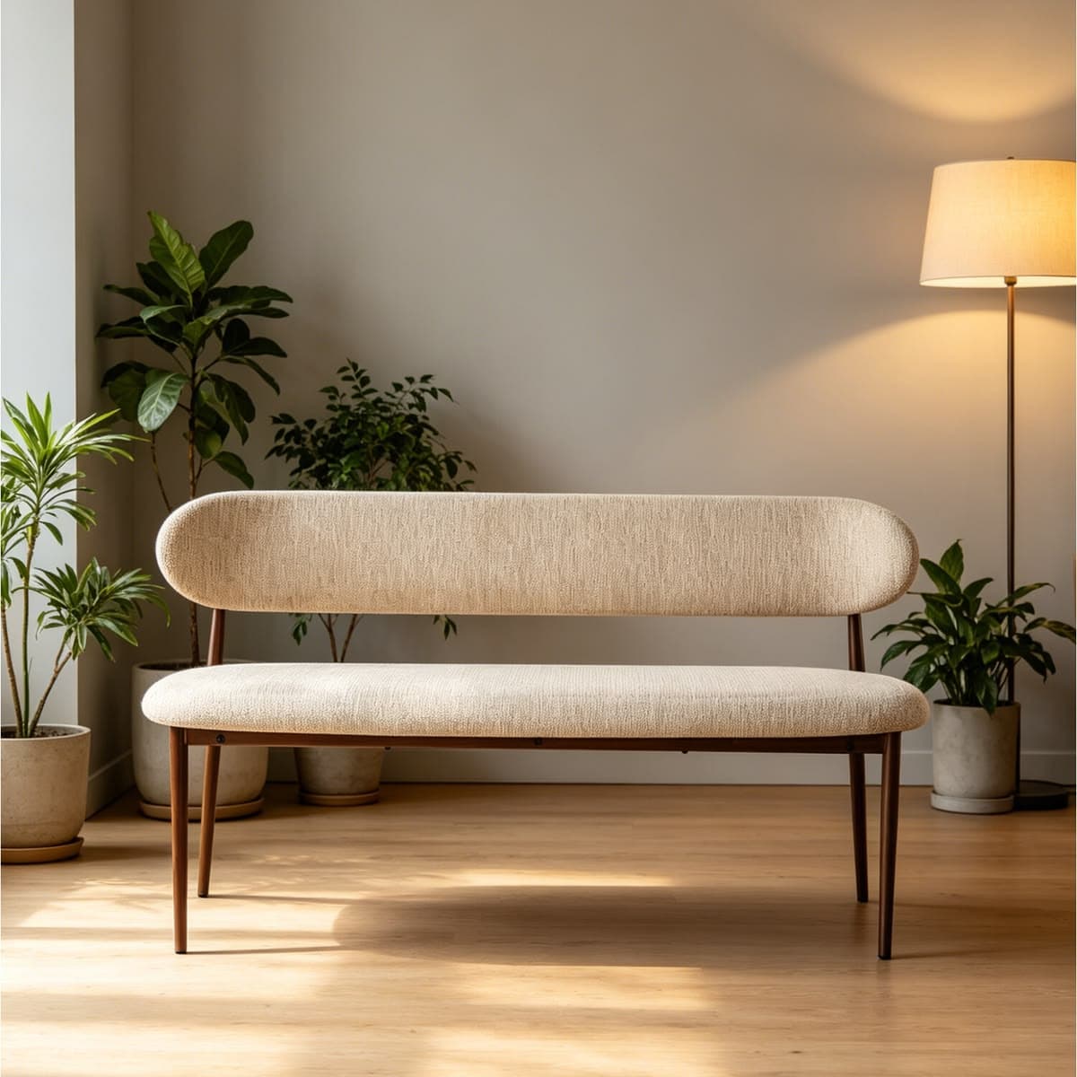A modern upholstered bench featuring a dark brown metal frame, light beige textured fabric upholstery, and a distinctive rounded backrest cushion. — 3D model