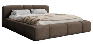 A contemporary low-profile platform bed upholstered in a dark brown bouclé-like fabric, featuring a softly rounded, segmented headboard and a thick, padded frame. The design emphasizes comfort and a plush aesthetic, with a mattress, pillows, and a throw blanket visible on the bed. — 3D model