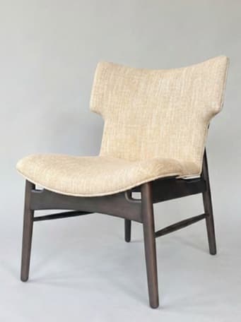 An upholstered lounge chair featuring a light beige fabric seat and backrest, supported by an exposed dark brown wooden frame with tapered legs. — 3D model