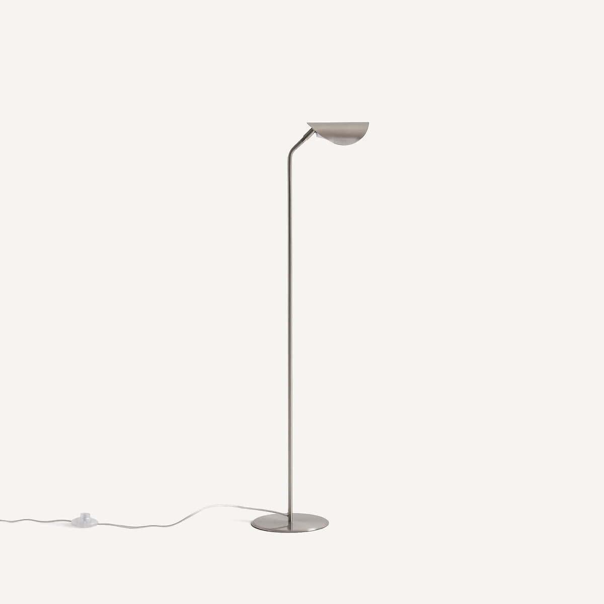 A sleek, minimalist floor lamp featuring a slender vertical stem, a flat circular base, and a semi-circular shade angled upwards. The entire lamp is rendered in a uniform brushed metal finish. — 3D model