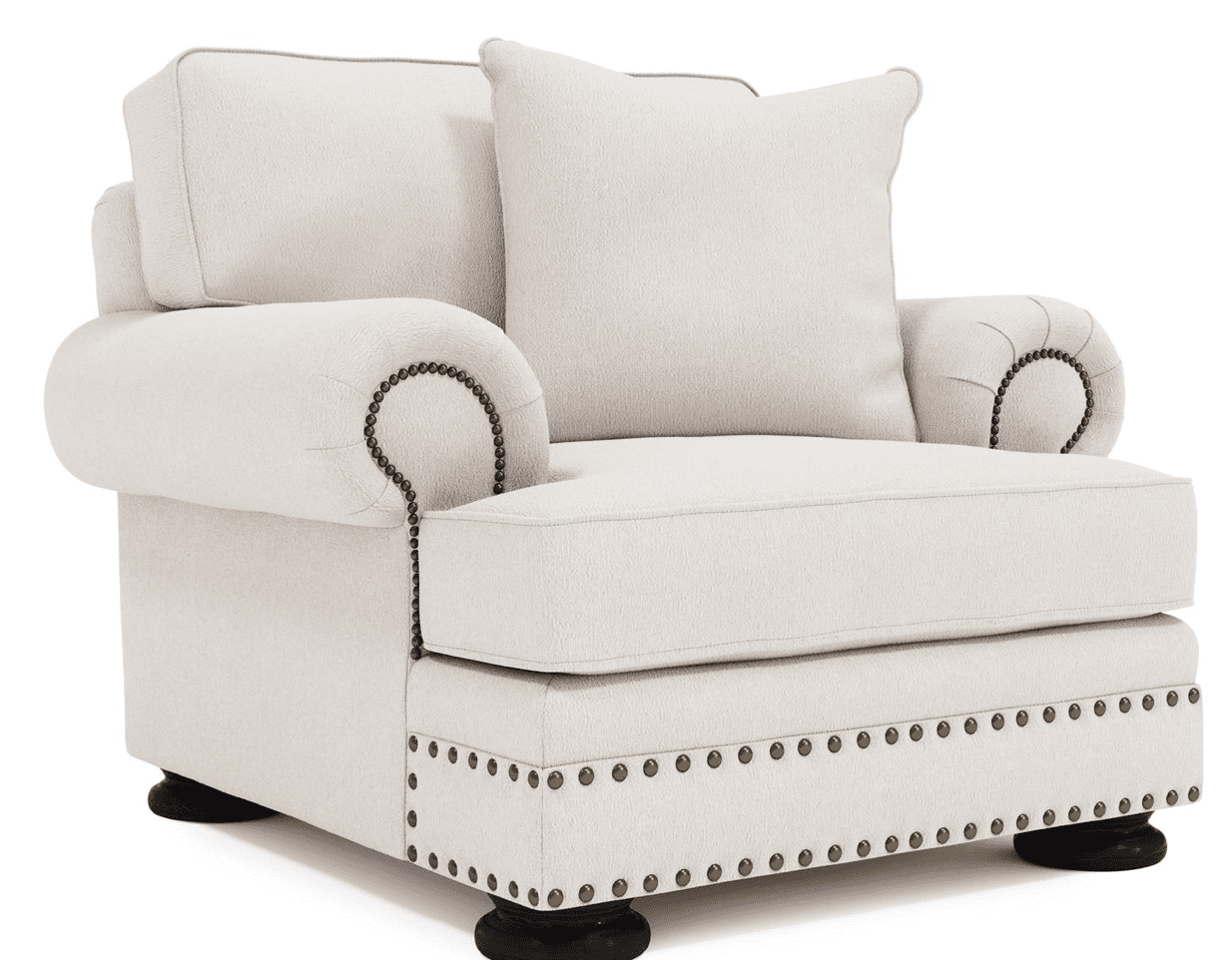 An upholstered armchair featuring rolled arms, a loose back cushion, and prominent nailhead trim, all covered in a textured cream-colored fabric. The chair rests on dark, turned bun feet. — 3D model
