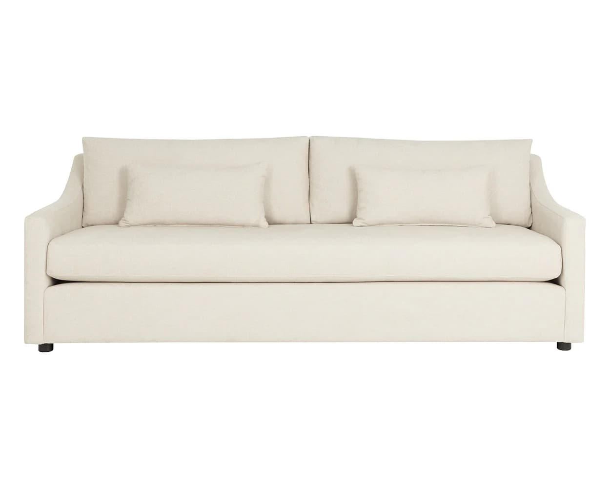 A contemporary sofa with a light-colored textured fabric upholstery. It features a deep seat, loose back cushions, and two accent pillows. The arms are gently sloped, and the sofa rests on short, dark-colored legs. — 3D model