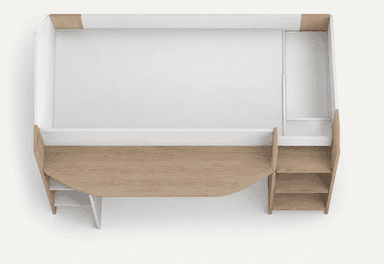 A loft bed designed with integrated desk and shelving space. The bed frame is elevated, with a desk surface extending from the front. Stair access is provided on the right side, with shelving integrated beneath the desk on the left. The construction features a combination of white and wood-grain finishes. — 3D model