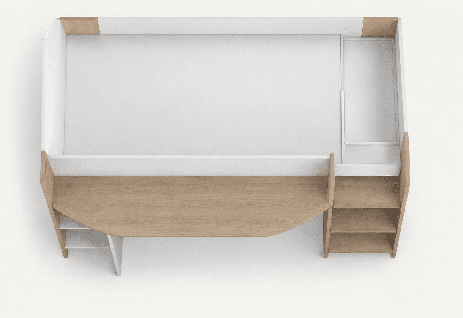 A loft bed designed with integrated desk and shelving space. The bed frame is elevated, with a desk surface extending from the front. Stair access is provided on the right side, with shelving integrated beneath the desk on the left. The construction features a combination of white and wood-grain finishes. — 3D model