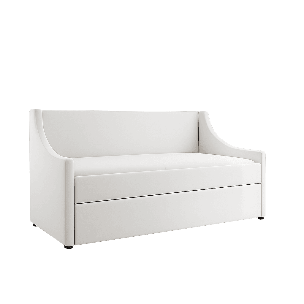 A modern, minimalist daybed upholstered in a white fabric, featuring integrated armrests and a subtle curved backrest. It includes a discreet pull-out trundle bed or storage drawer underneath, making it a versatile piece for various living spaces. — 3D model