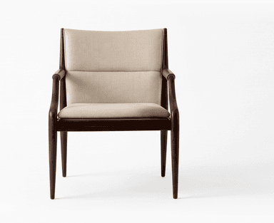 A sophisticated armchair featuring a sculpted dark wood frame with an upholstered seat and back. The design showcases elegant curves, tapered legs, and distinctive padded armrests, reflecting a Mid-Century Modern aesthetic. — 3D model