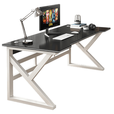 A modern desk featuring a rectangular black glass tabletop supported by a white geometric metal base. The tabletop includes two circular cutouts for cable management. An adjustable metal desk lamp is also present on the left side of the desk, though the primary focus of this analysis is the desk itself. — 3D model