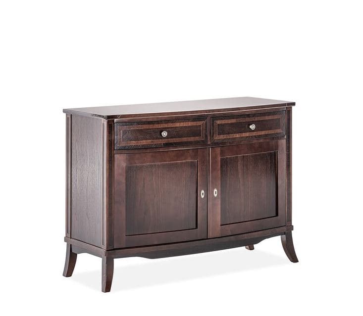 A dark brown wooden cabinet featuring two drawers above two cabinet doors, standing on splayed legs. — 3D model