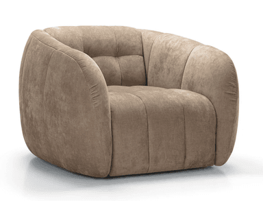 A single contemporary accent chair featuring a rounded, barrel-like silhouette. The chair is upholstered in a soft, beige velvet or velour fabric. It has distinct channel tufting on the arms and sides, which contributes to its plush appearance, and button tufting on the backrest. The base is recessed, giving the chair a floating effect. Its overall design emphasizes comfort and a modern aesthetic. — 3D model