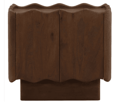 A compact, rectangular storage cabinet crafted from dark-toned wood. Its distinctive feature is the undulating, wavy edge design that frames the top surface and continues down the vertical sides of the cabinet doors. The cabinet stands on a solid, rectangular plinth base. — 3D model