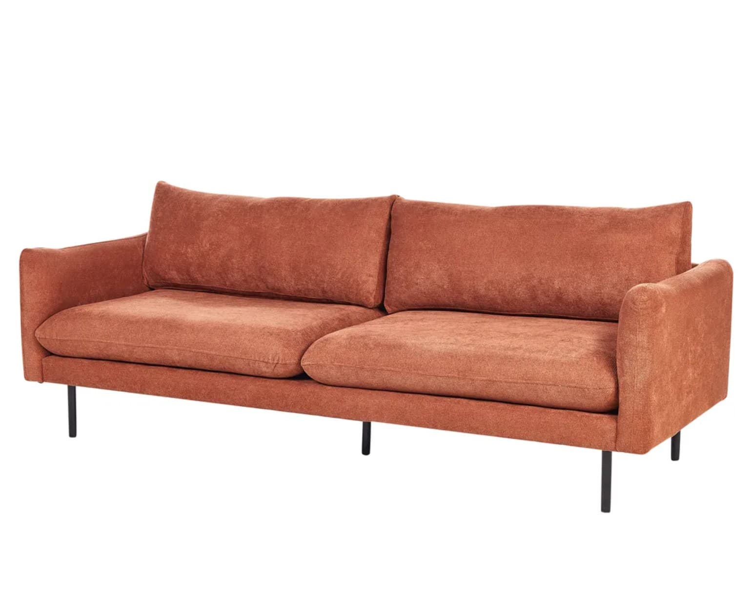 A two-seater sofa with a rectilinear design. It features two seat cushions and two back cushions. The sofa is upholstered in a textured, rust-colored fabric. The frame rests on four slender, black metal legs, two at the front and two at the rear, set slightly inward from the corners. — 3D model