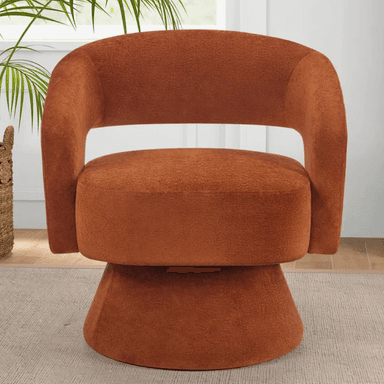 A modern armchair with a rounded silhouette and a swivel base. The armchair features upholstered curved arms that blend seamlessly into the backrest, creating a continuous, enveloping form. The seat and back are integrated into a single unit, and the piece rests on a flared, disc-like swivel base. — 3D model