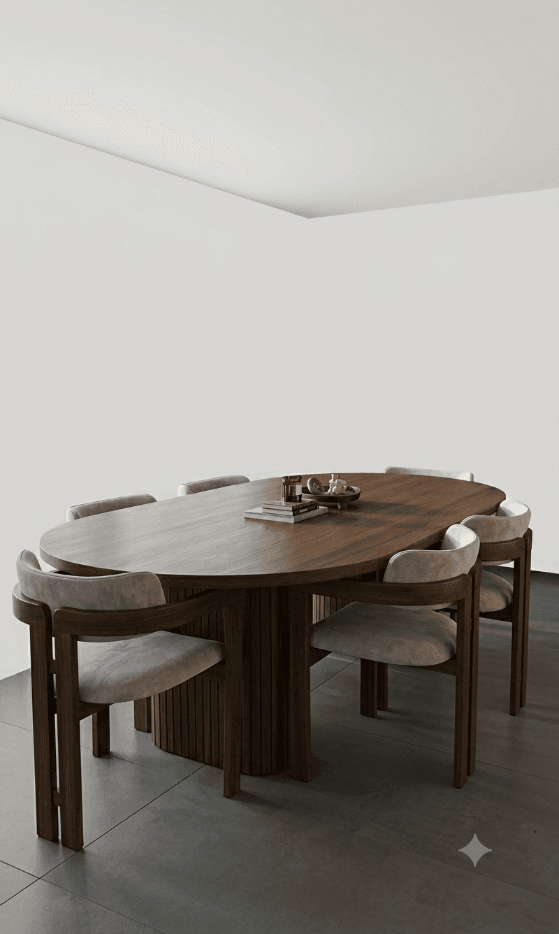An oval-shaped coffee table crafted from dark brown walnut wood. It features a smooth, elliptical tabletop and a distinctive, curved pedestal base composed of closely set vertical slats or fluting, giving it a modern and sculptural appearance. The design emphasizes clean lines and natural wood textures. — 3D model