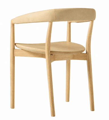 A Scandinavian modern dining armchair featuring a light-toned solid wood frame and a curved backrest upholstered in light beige leather. The chair has a sculpted wooden seat and four tapered legs. The leather upholstery seamlessly integrates with the wooden frame, forming both the backrest and the armrests. — 3D model