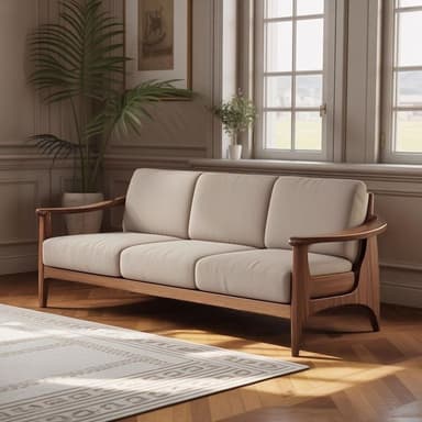 A three-seater sofa featuring an exposed dark wood frame with light beige fabric cushions for the seat and backrest. The frame exhibits a mid-century modern aesthetic with gently curved, angled armrests that integrate seamlessly with the legs. The backrest cushions are slightly angled, providing a reclined posture, while the seat cushions are flat. The wooden frame is visible from all sides, suggesting a sturdy and aesthetically pleasing construction. — 3D model
