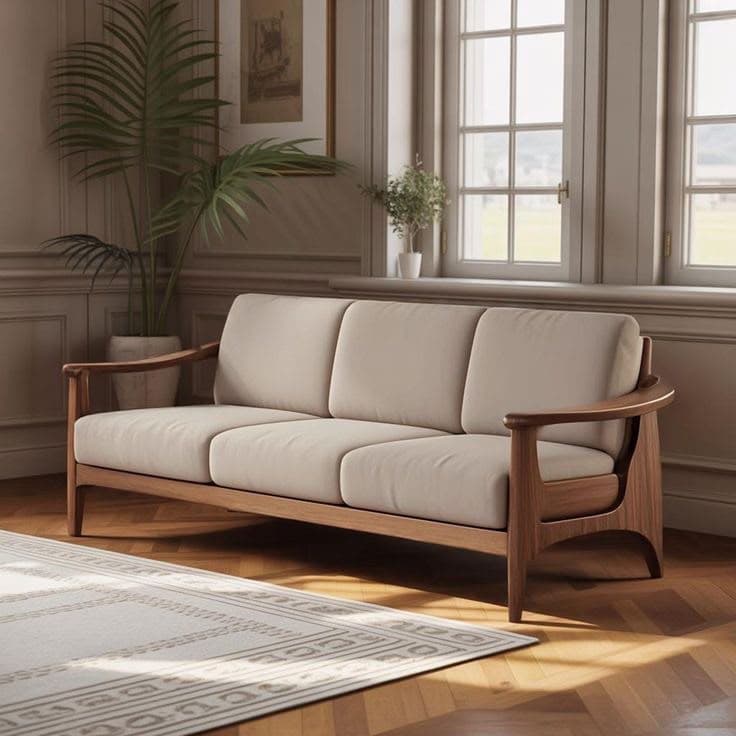 A three-seater sofa featuring an exposed dark wood frame with light beige fabric cushions for the seat and backrest. The frame exhibits a mid-century modern aesthetic with gently curved, angled armrests that integrate seamlessly with the legs. The backrest cushions are slightly angled, providing a reclined posture, while the seat cushions are flat. The wooden frame is visible from all sides, suggesting a sturdy and aesthetically pleasing construction. — 3D model