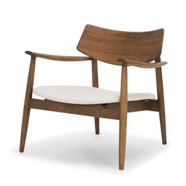 A classic Mid-Century Modern armchair featuring a gracefully curved wooden backrest and integrated armrests. The frame is constructed from a medium brown wood, possibly teak or walnut, with tapered legs. The seat is a removable cushion upholstered in a light, off-white fabric. — 3D model