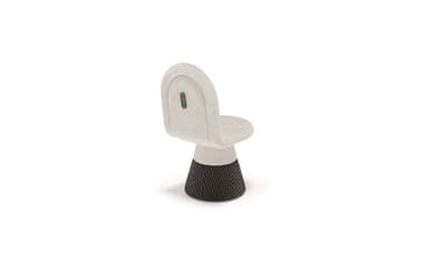 An armless swivel chair featuring a rounded backrest and seat upholstered in a cream-colored, textured boucle-like fabric. The seating component is supported by a dark, conical base with a distinct woven or heavily textured pattern, suggesting a modern and sculptural aesthetic. A small green accent is present on the backrest. — 3D model