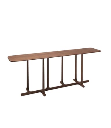 A modern console table crafted from dark-toned wood, featuring a rectangular top with rounded corners. The base consists of multiple cylindrical vertical legs seamlessly integrated into a horizontal support beam. — 3D model