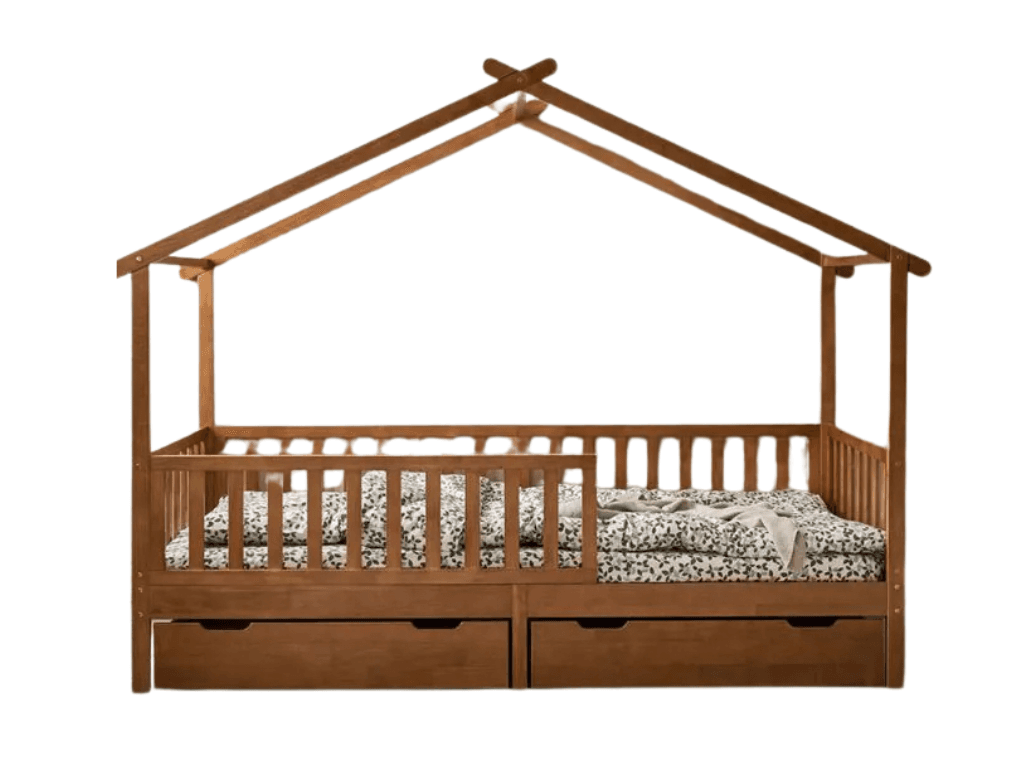 A low-profile wooden bed frame designed for children, featuring a distinctive house-shaped canopy structure and integrated storage drawers beneath the mattress. The bed includes wooden guardrails on three sides for safety, and the entire structure is made from light-brown stained wood. A mattress with patterned bedding is visible within the frame. — 3D model
