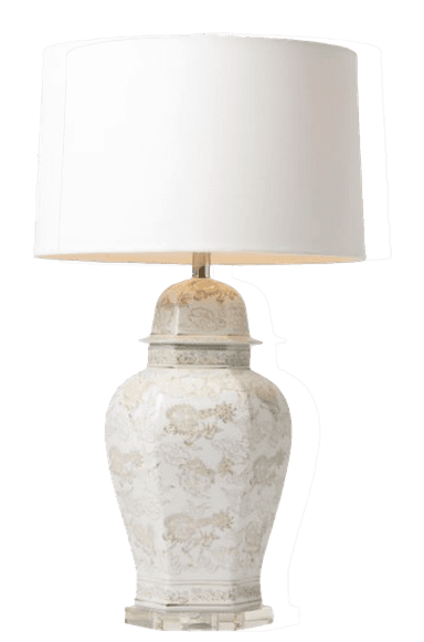 A decorative table lamp featuring a ceramic ginger jar base with intricate floral patterns in a neutral color palette. The base is octagonal and sits on a clear acrylic stand. A cylindrical white fabric lampshade completes the piece. — 3D model