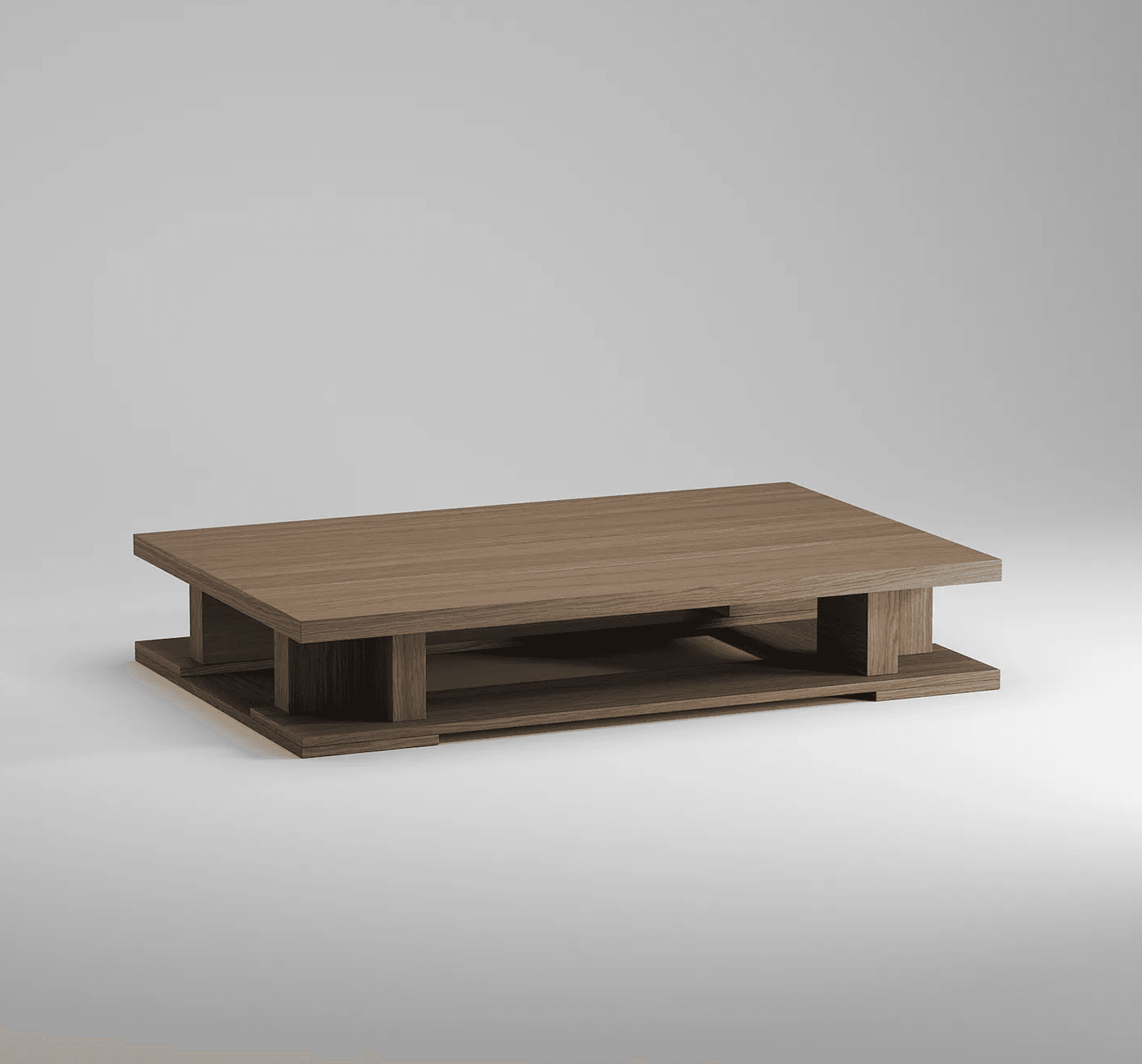 A rectangular, low-profile coffee table with a multi-tiered design, featuring a prominent wood grain finish. The top surface extends over a lower shelf supported by thick, integrated upright panels. — 3D model