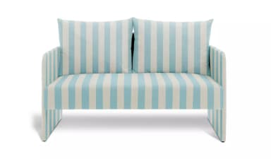 A two-seater sofa with a low profile. It features a continuous armrest design that seamlessly integrates with the back and seat. The upholstery is a striped fabric with alternating wide bands of light blue and off-white. Two rectangular back cushions are visible, also upholstered in the same striped fabric. — 3D model