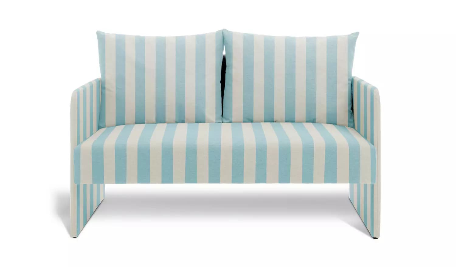 A two-seater sofa with a low profile. It features a continuous armrest design that seamlessly integrates with the back and seat. The upholstery is a striped fabric with alternating wide bands of light blue and off-white. Two rectangular back cushions are visible, also upholstered in the same striped fabric. — 3D model