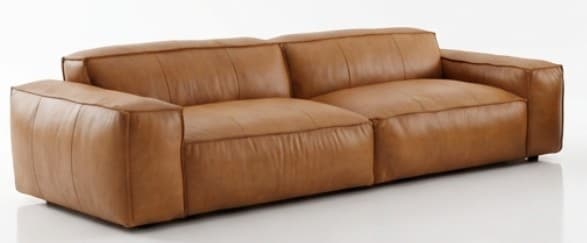 A modern two-seater sofa upholstered in tan leather, featuring a low profile, wide block arms, and prominent welted seams on its seat and back cushions. — 3D model