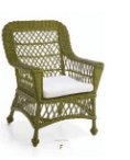 A green wicker armchair with a white cushion. The chair features a high back with a woven pattern, curved arms, and legs. The seat is cushioned for comfort. The overall construction appears to be made of woven natural fibers. — 3D model