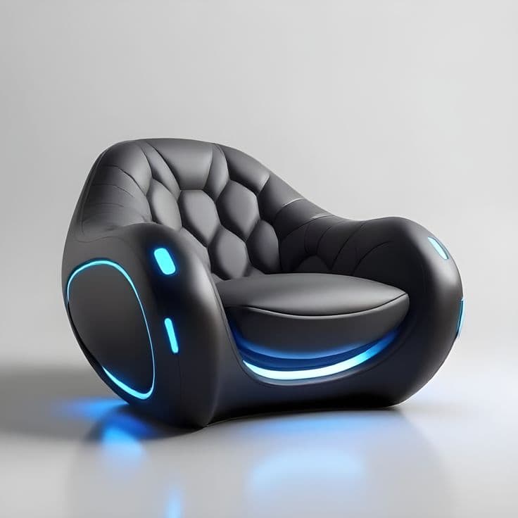 A sleek, dark gray or black lounge chair with a futuristic design, featuring integrated electric blue LED lighting along its base and sides. The backrest is upholstered with a distinctive hexagonal tufting pattern, while the seat cushion is smooth. Its overall form is curvilinear and ergonomic, suggesting a modern, high-tech aesthetic. — 3D model