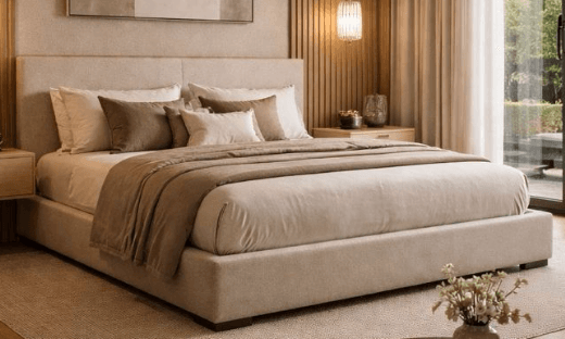A contemporary upholstered platform bed featuring a clean-lined design, upholstered in a light beige fabric, complete with a panel headboard and a low-profile bed frame, dressed with neutral bedding. — 3D model
