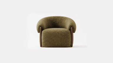A modern lounge chair featuring a distinctive rounded and plush form, upholstered in a textured olive green fabric, with elegant dark wood panels integrated into the lower sides. — 3D model