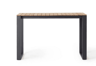 A rectangular, bar-height table featuring a slatted natural wood top supported by a minimalist matte black powder-coated metal frame with U-shaped legs. — 3D model